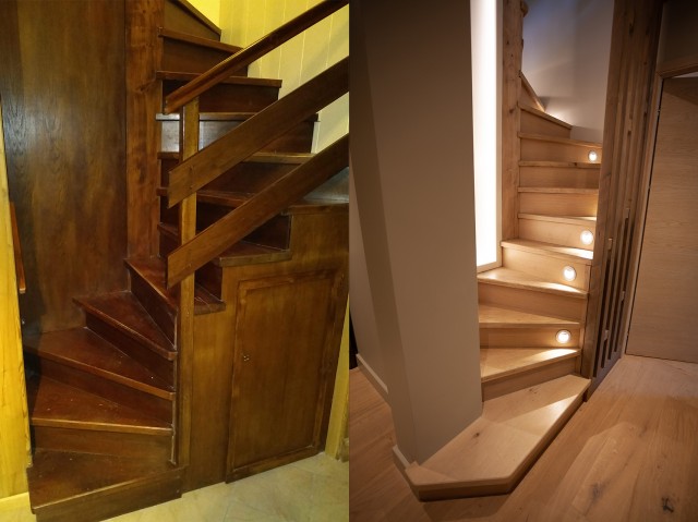 Chamonix ski chalet renovation, small staircase before and after