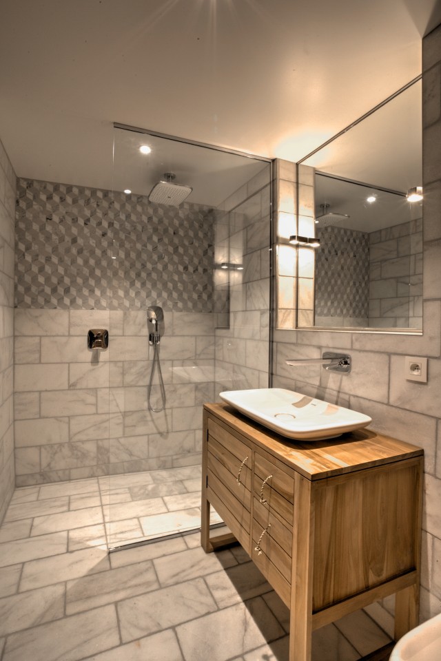 Wood and grey bathroom